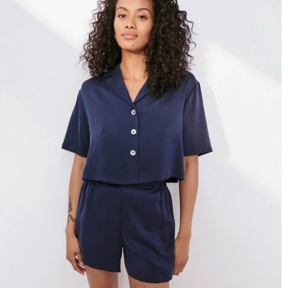 LUNYA Washable Silk Button up Short Set - XS - Deep Blue - EXCELLENT CONDITION - Picture 1 of 11